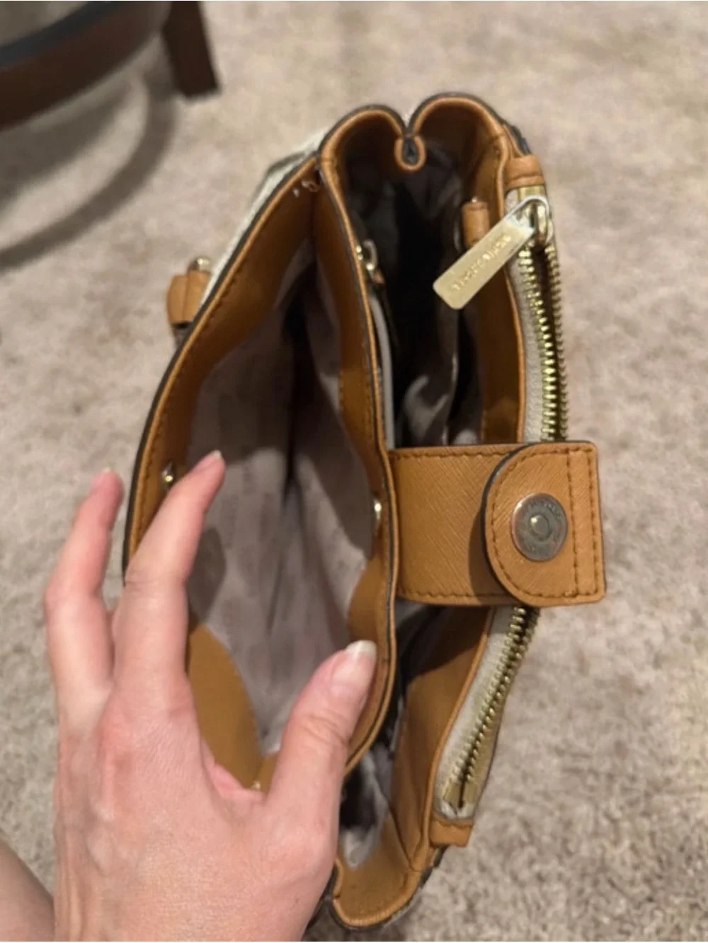 Michael Kors Cream Logo Canvas Satchel with Brown Trim